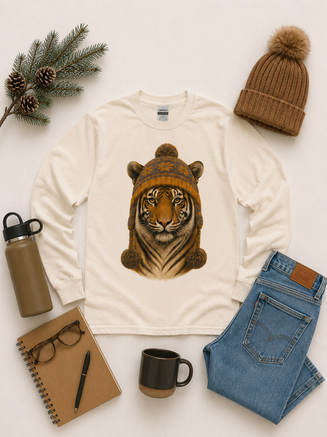 Tiger Winter Hat Graphic Long Sleeve T-Shirt