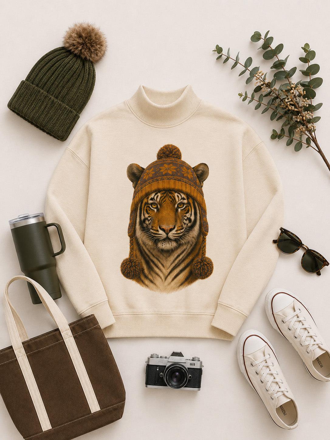 Tiger Winter Hat Graphic Mock Neck Sweatshirt