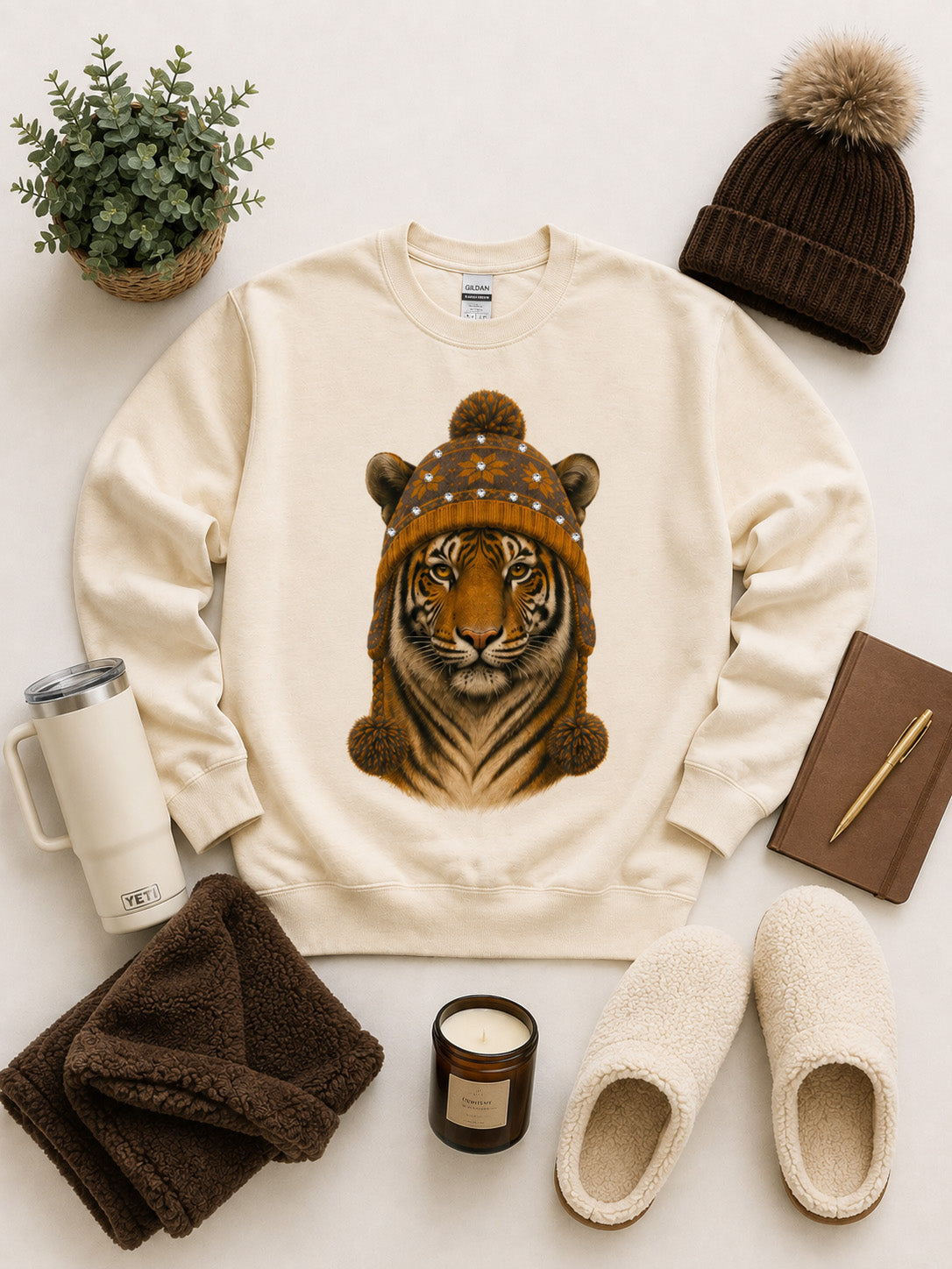 Tiger Winter Hat Graphic Sweatshirt