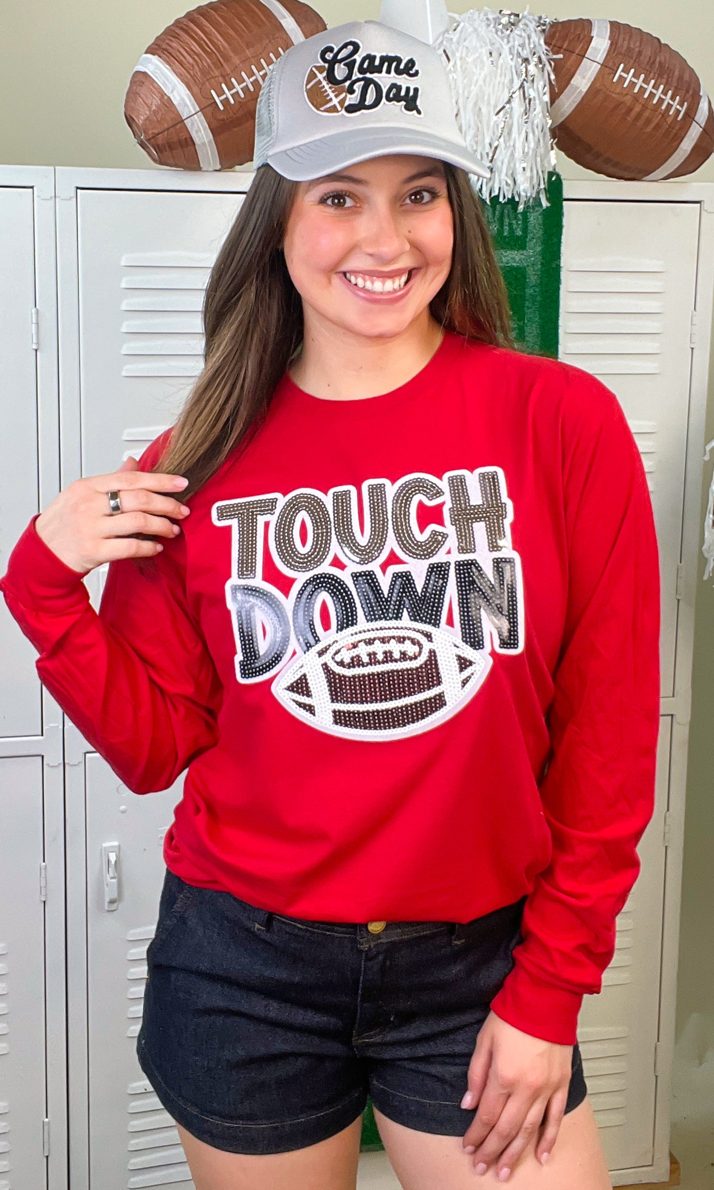 Touch Down Large Sequin Graphic Long Sleeve T-Shirt