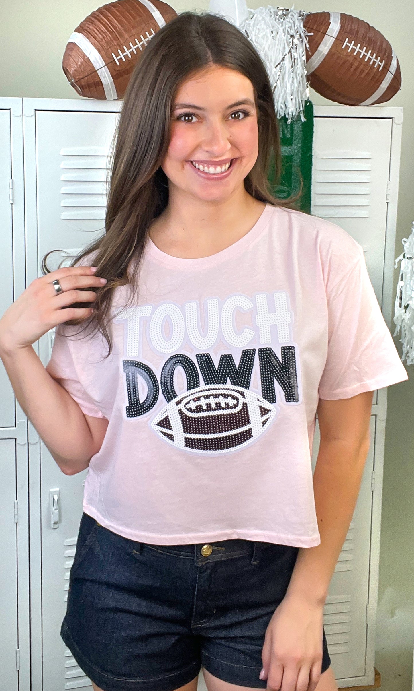 Touch Down Large Sequin Graphic Crop Top