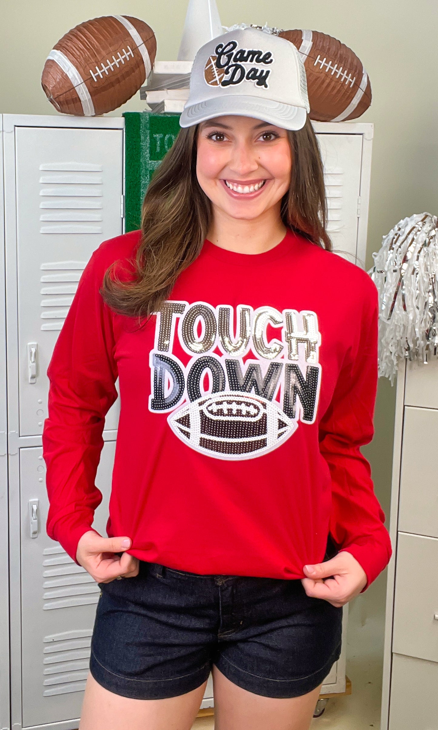 Touch Down Large Sequin Graphic Long Sleeve T-Shirt