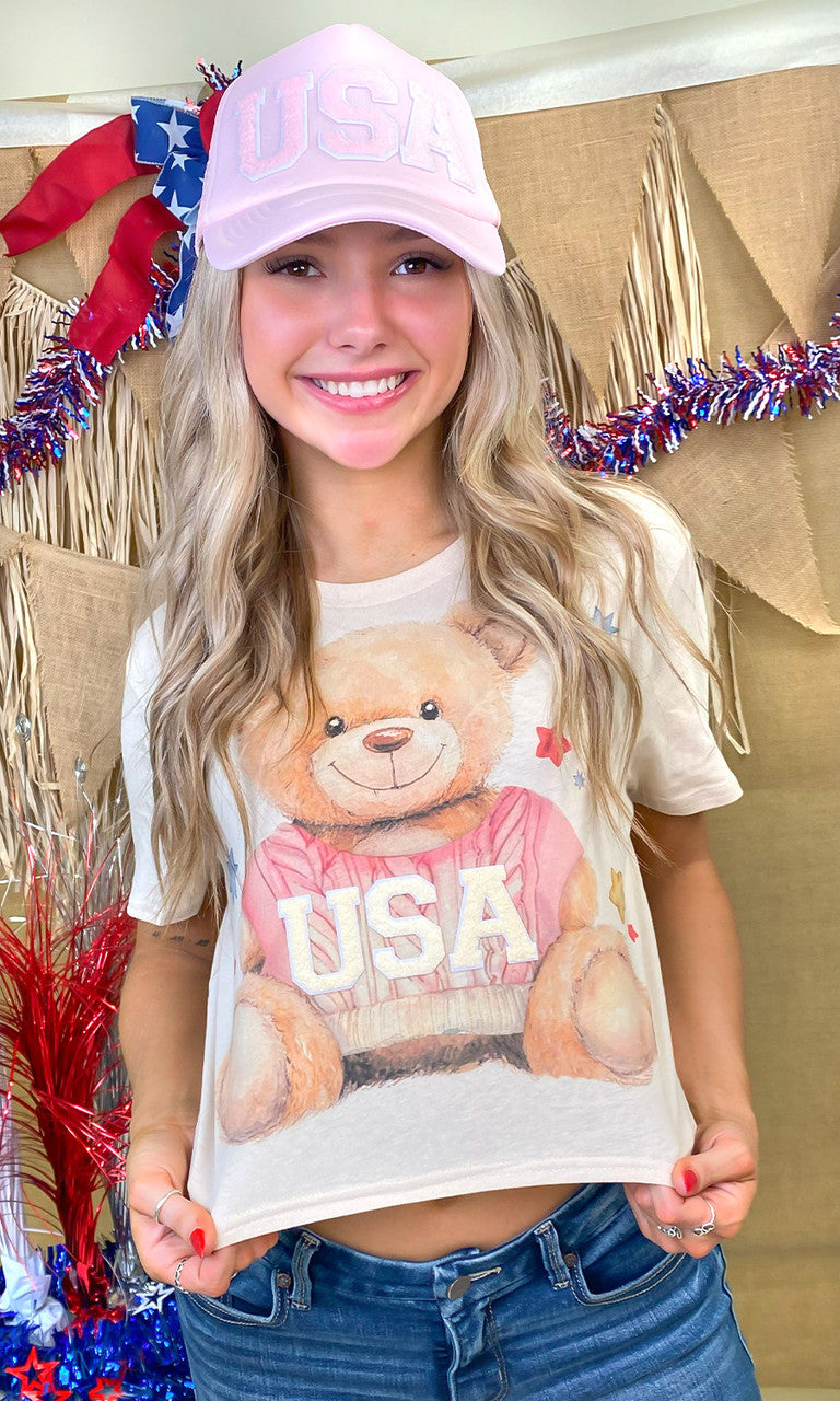 USA Teddy Bear Soft Chenille Graphic Crop Top T-Shirt