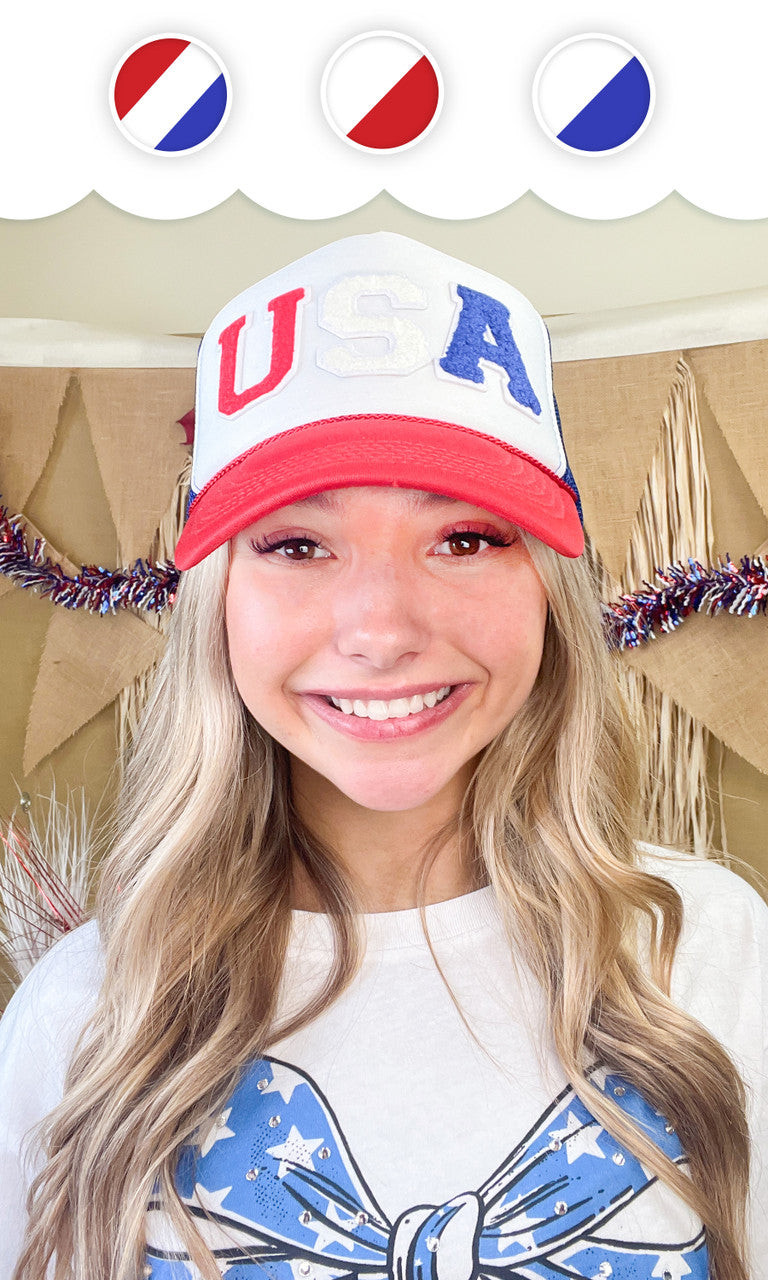 USA Soft Chenille Patriotic Red white and Blue Trucker Hat