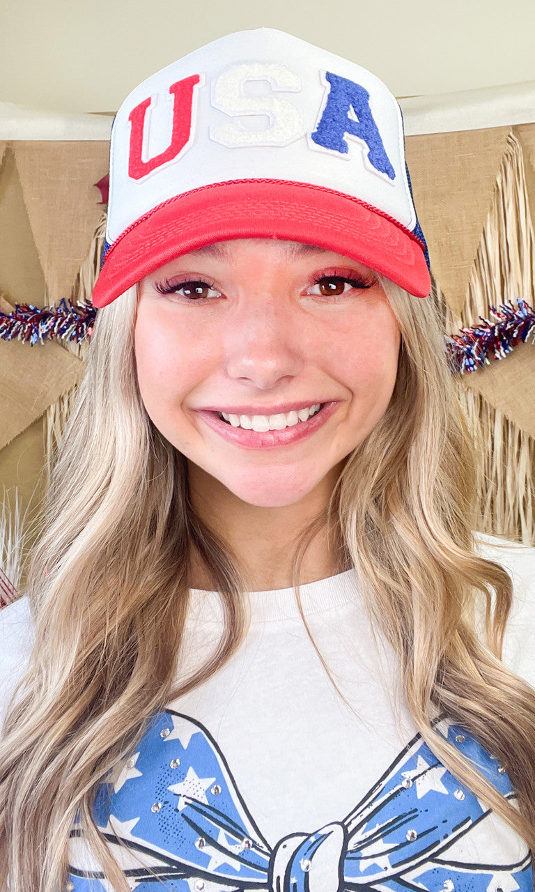 USA Soft Chenille Patriotic Red white and Blue Trucker Hat