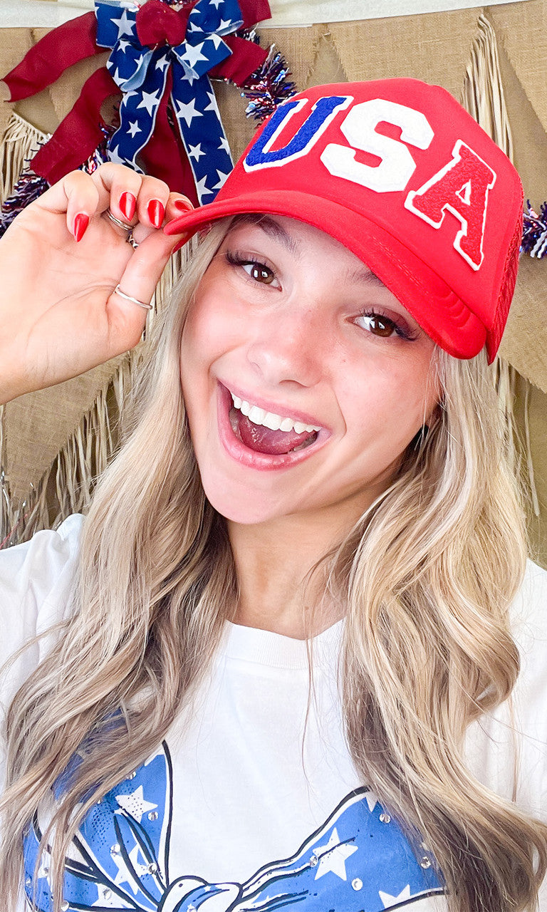 USA Soft Chenille Patriotic Red white and Blue Trucker Hat