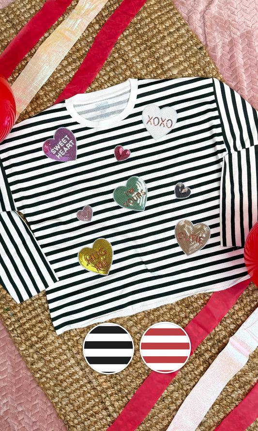 Conversation Hearts Graphic Long Sleeve Striped Edgy
