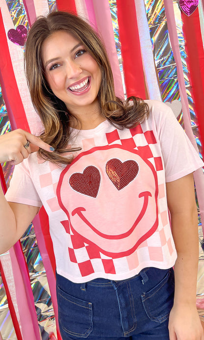 Valentine Sequin Smiley Graphic Crop Top T-Shirt