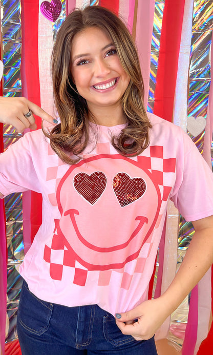Valentine Sequin Smiley Graphic T-Shirt