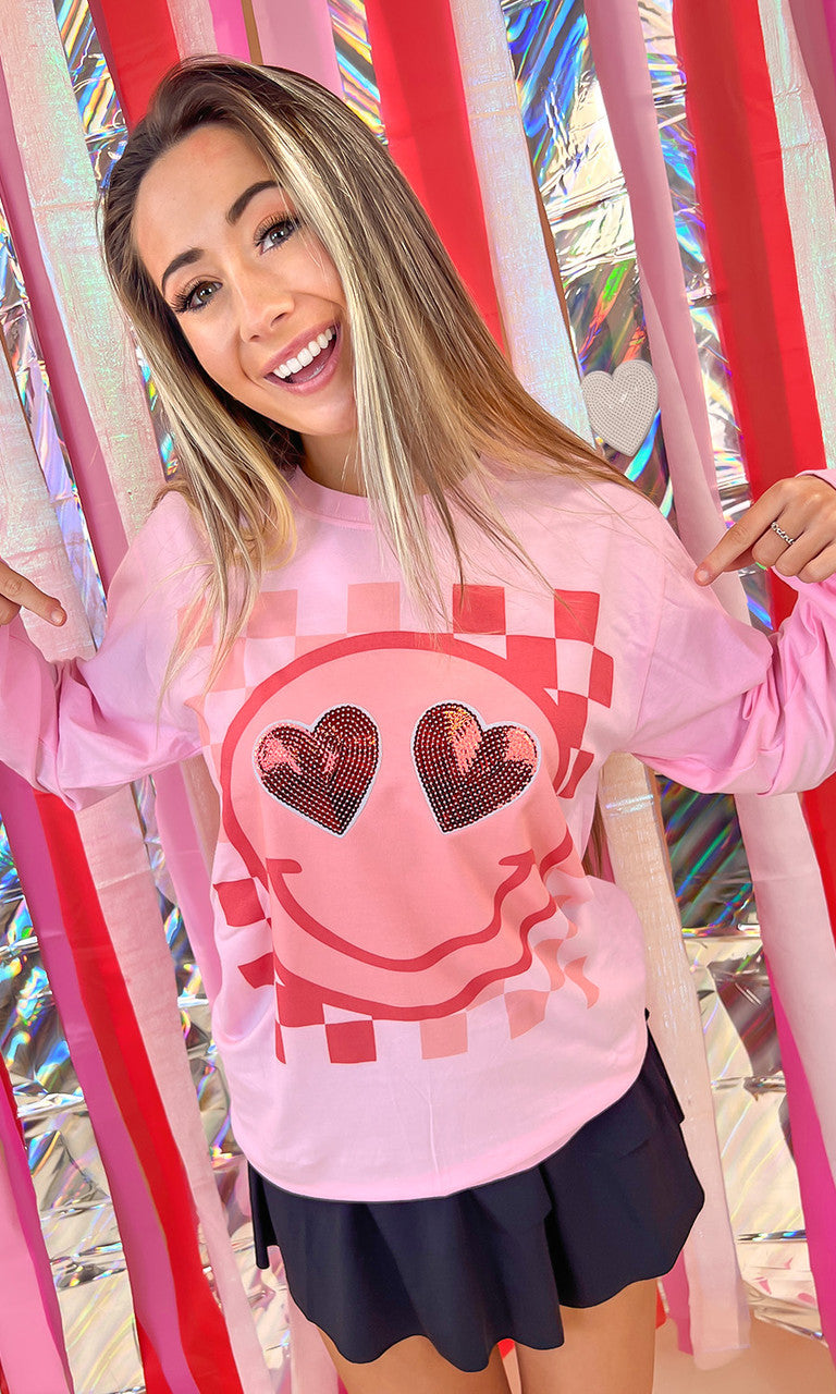 Valentine Sequin Smiley Graphic Long Sleeve T-Shirt