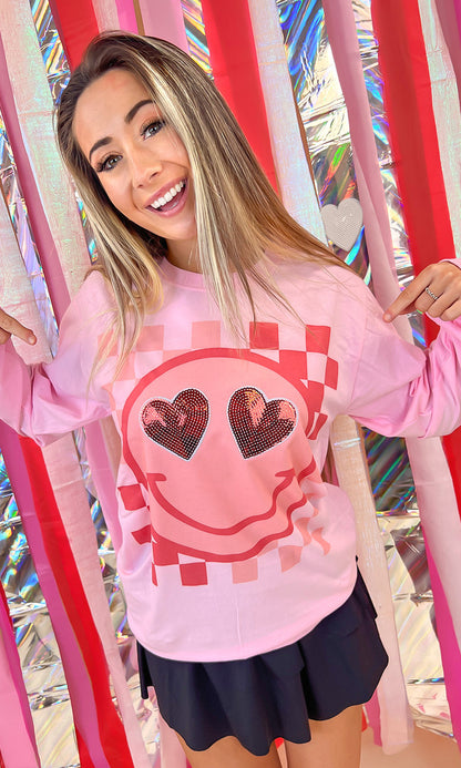 Valentine Sequin Smiley Graphic Long Sleeve T-Shirt