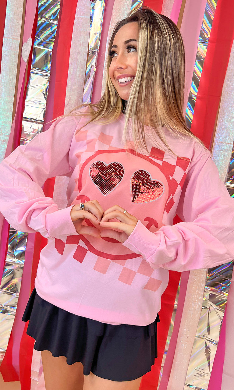 Valentine Sequin Smiley Graphic Long Sleeve T-Shirt