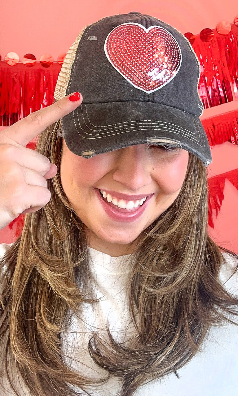 Sequin Heart Vintage Washed Hat