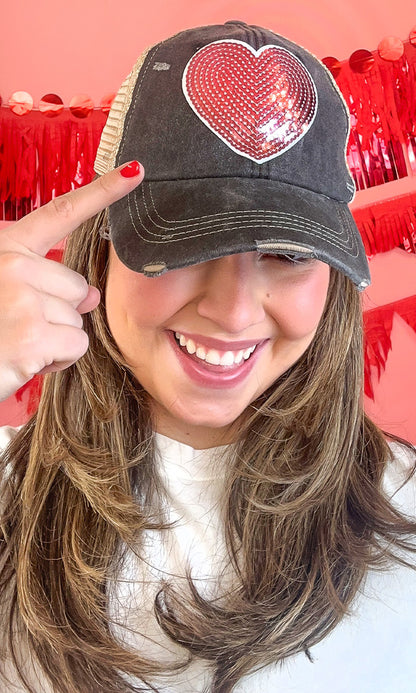 Sequin Heart Vintage Washed Hat