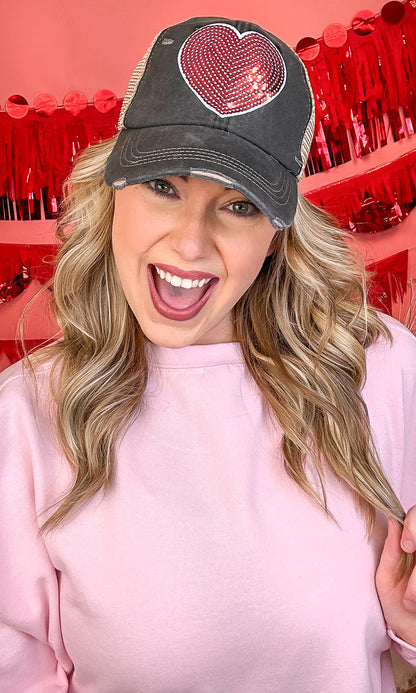 Sequin Heart Vintage Washed Hat