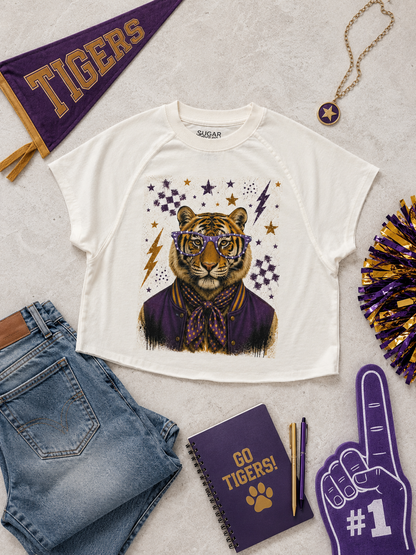 Varsity Specs Rhinestone Tiger Spirit Graphic Edgy Shirt