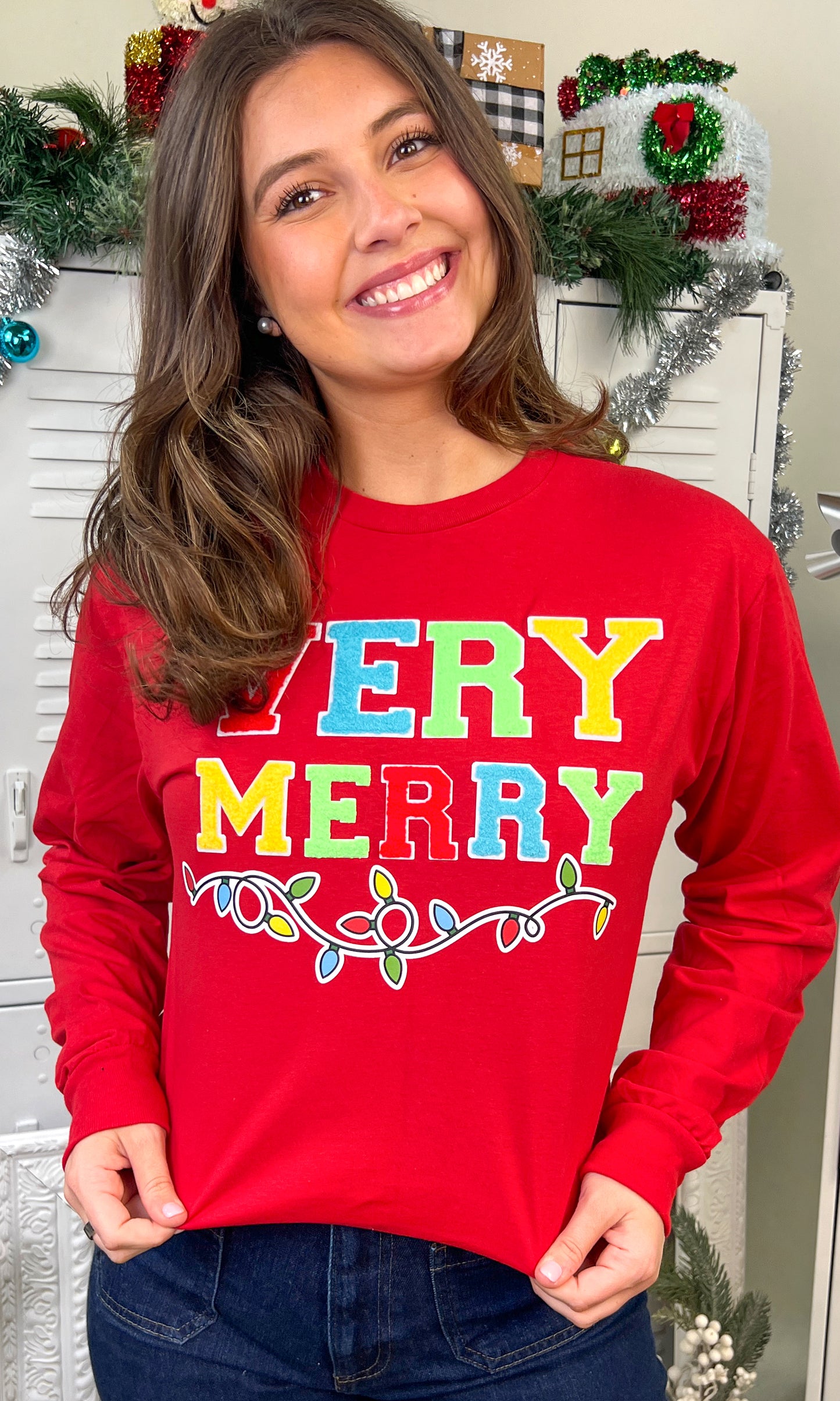 Very Merry Christmas Lights Soft Chenille Graphic Long Sleeve T-Shirt