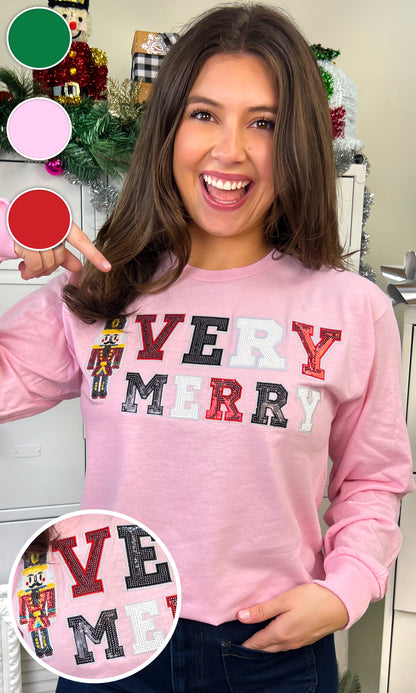 Very Merry Nutcracker Sequin Christmas Graphic Long Sleeve T-Shirt