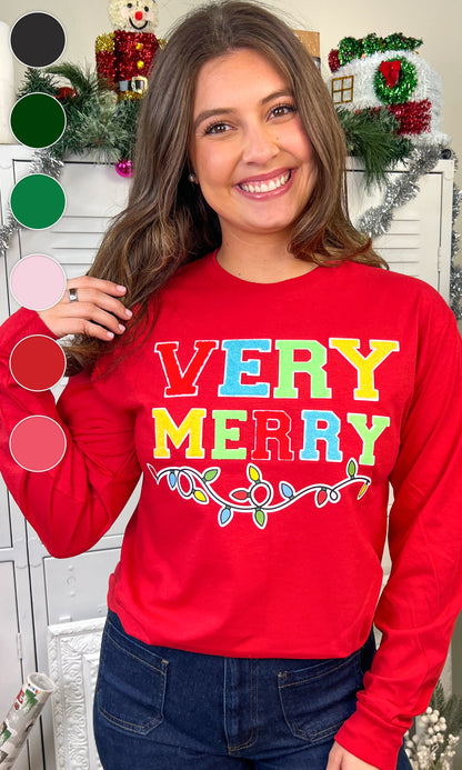 Very Merry Christmas Lights Soft Chenille Graphic Long Sleeve T-Shirt