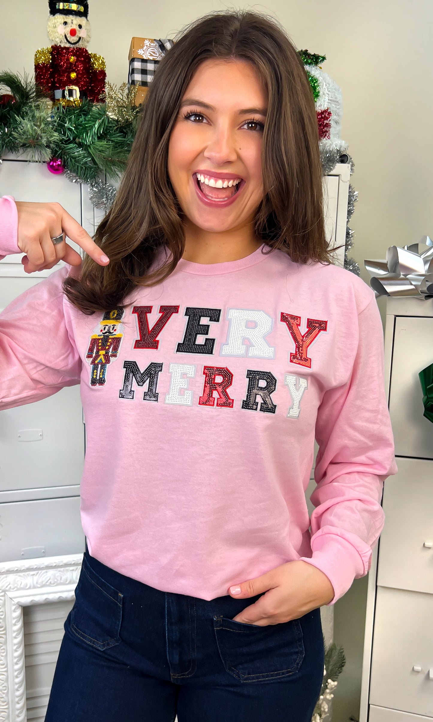 Very Merry Nutcracker Sequin Christmas Graphic Long Sleeve T-Shirt