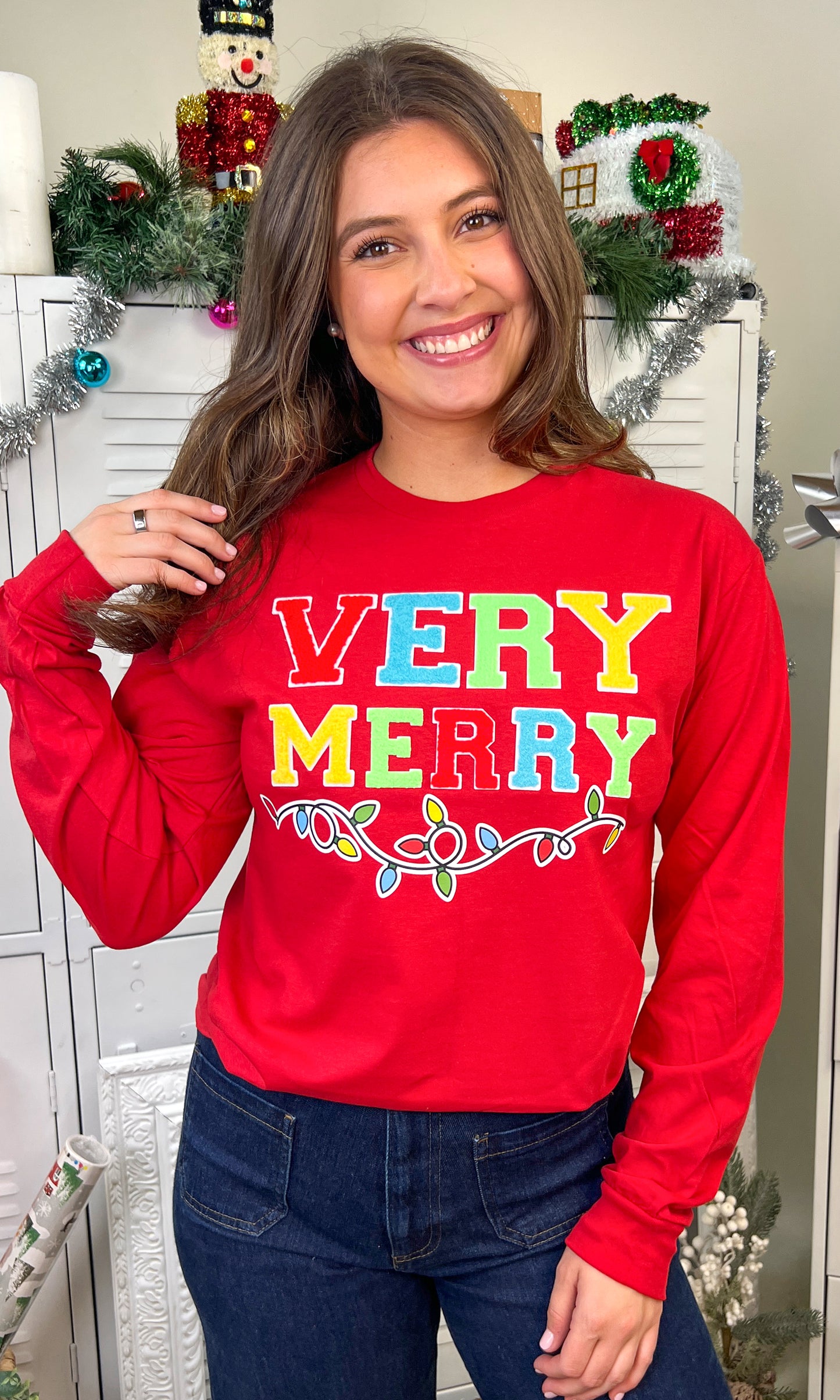Very Merry Christmas Lights Soft Chenille Graphic Long Sleeve T-Shirt