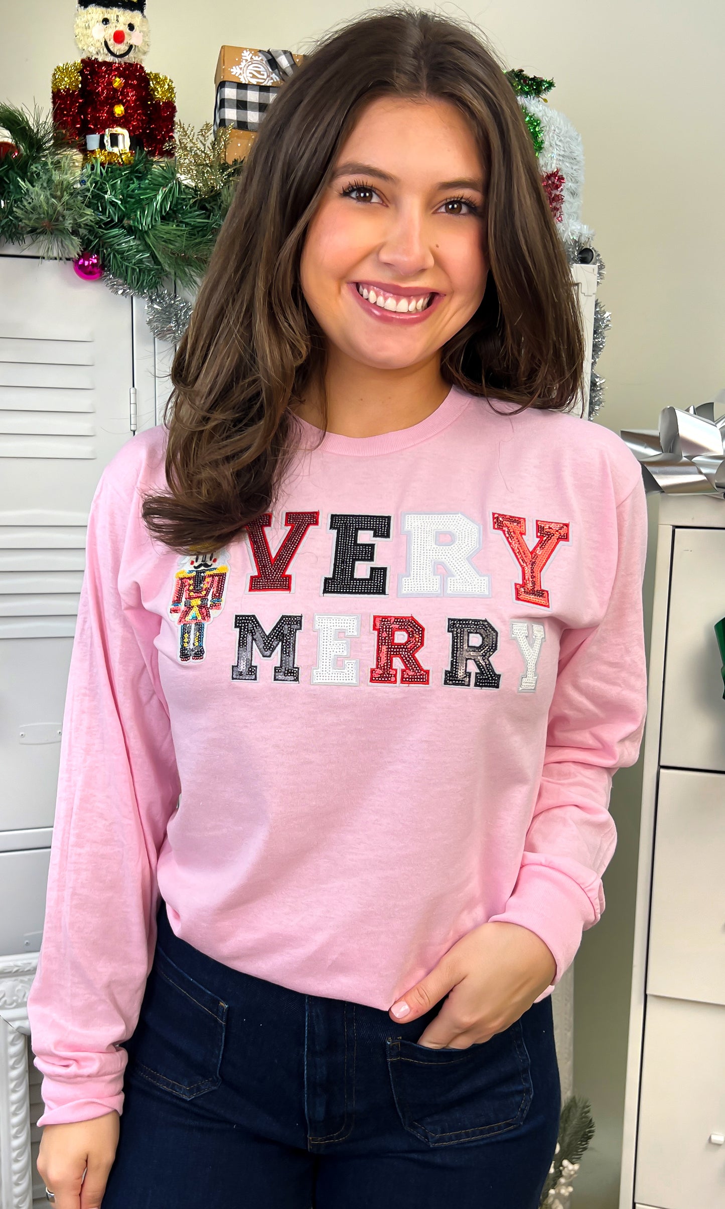 Very Merry Nutcracker Sequin Christmas Graphic Long Sleeve T-Shirt