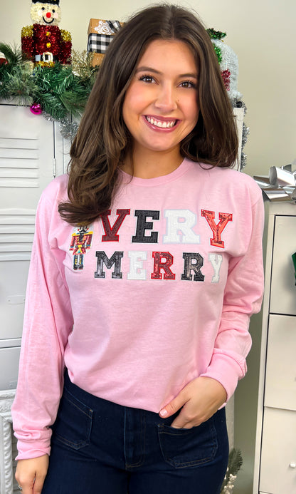Very Merry Nutcracker Sequin Christmas Graphic Long Sleeve T-Shirt