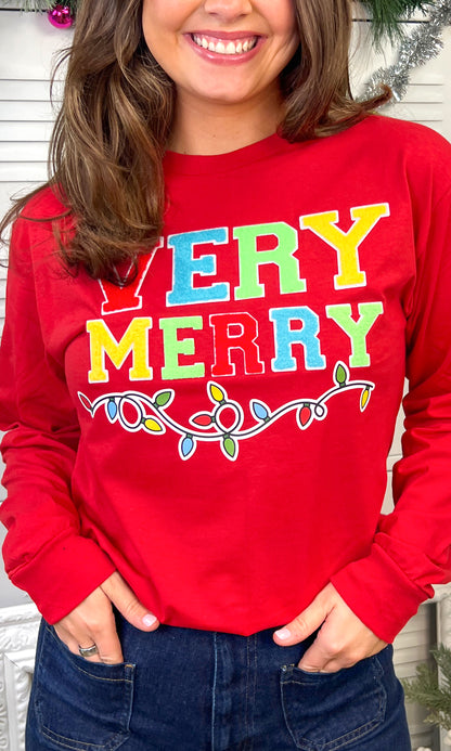 Very Merry Christmas Lights Soft Chenille Graphic Long Sleeve T-Shirt