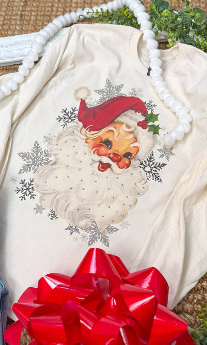 Vintage Santa Rhinestone Graphic Long Sleeve Shirt