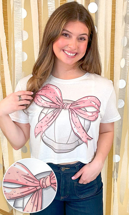 Volleyball Pink Bow Rhinestone Graphic Crop Top Shirt