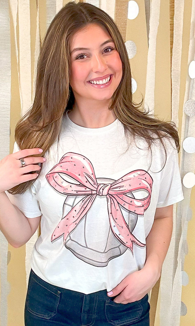 Volleyball Pink Bow Rhinestone Graphic Shirt