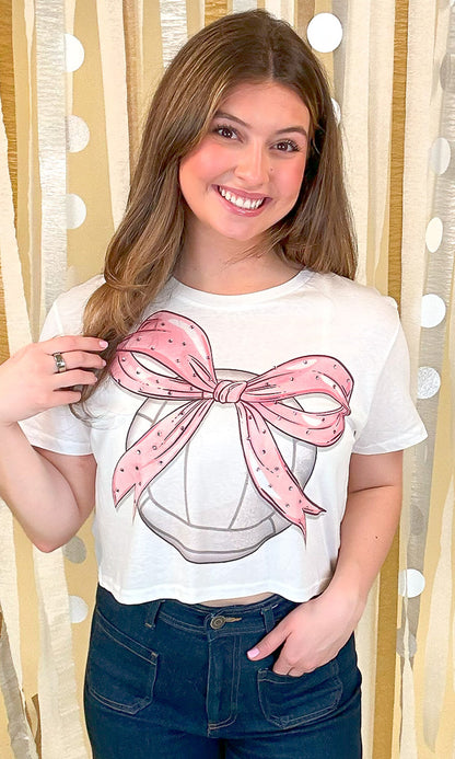 Volleyball Pink Bow Rhinestone Graphic Crop Top Shirt