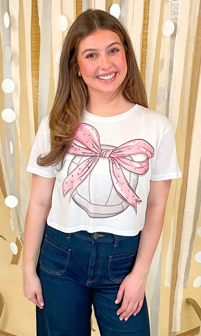 Volleyball Pink Bow Rhinestone Graphic Crop Top Shirt
