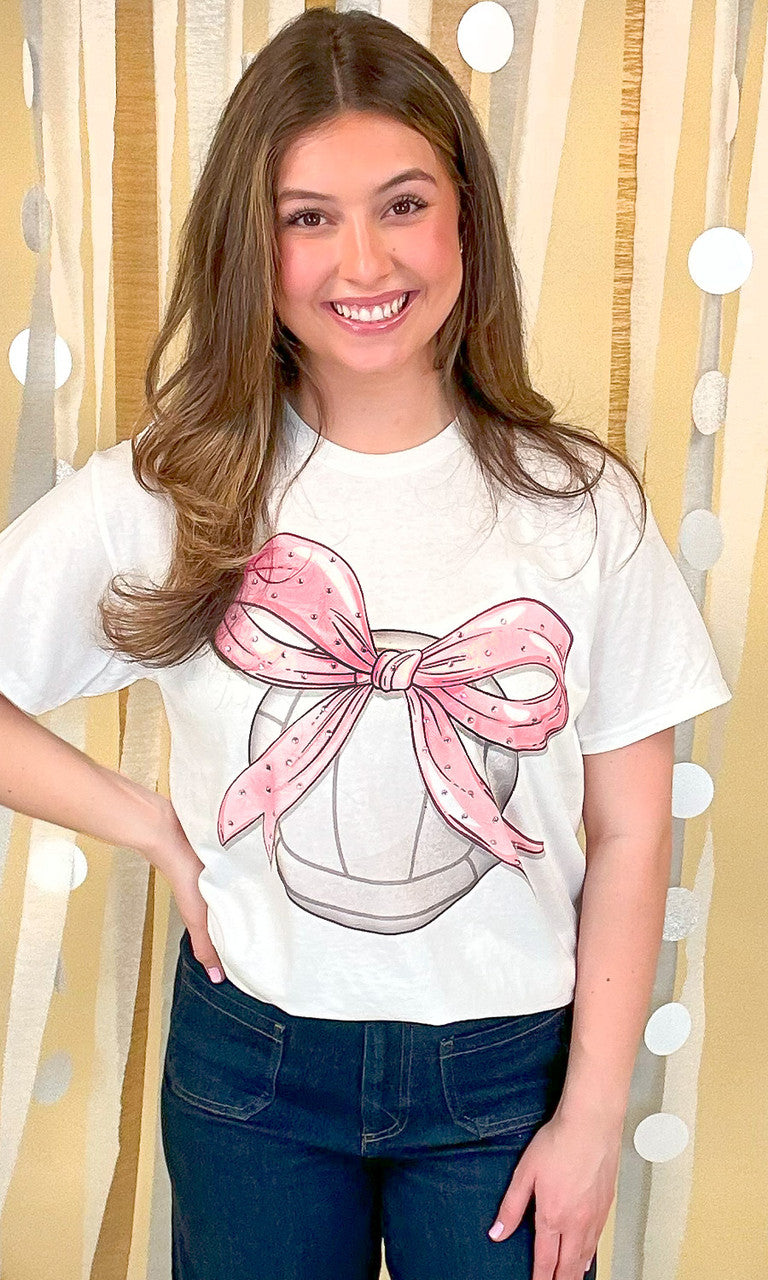 Volleyball Pink Bow Rhinestone Graphic Shirt
