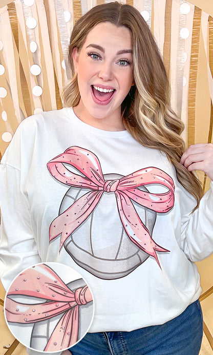Volleyball Pink Bow Rhinestone Graphic Long Sleeve Shirt