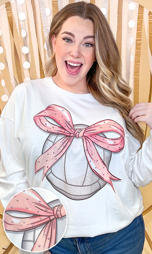Volleyball Pink Bow Rhinestone Graphic Long Sleeve Shirt
