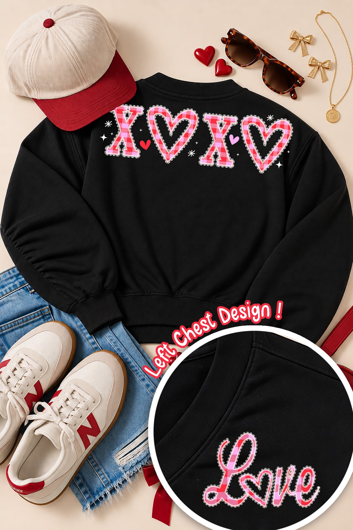 XOXO Gingham Lace Valentine's Day Graphic Varsity V-Neck Shirt