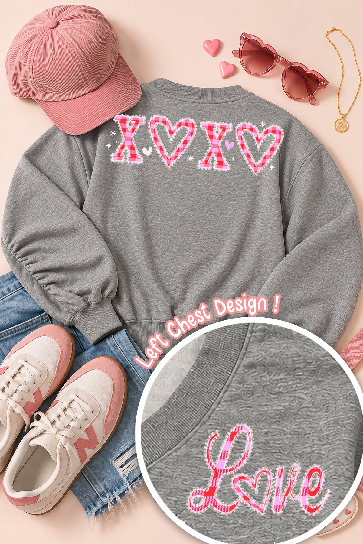 XOXO Gingham Lace Valentine's Day Graphic Varsity V-Neck Shirt