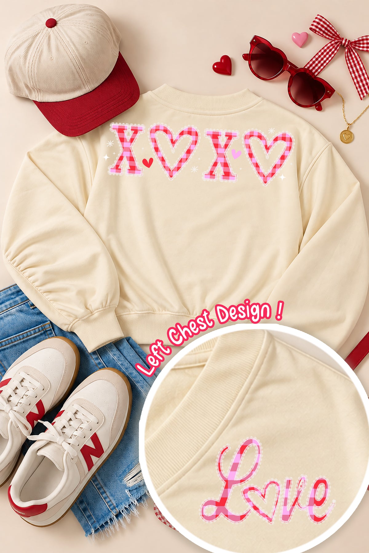 XOXO Gingham Lace Valentine's Day Graphic Varsity V-Neck Shirt