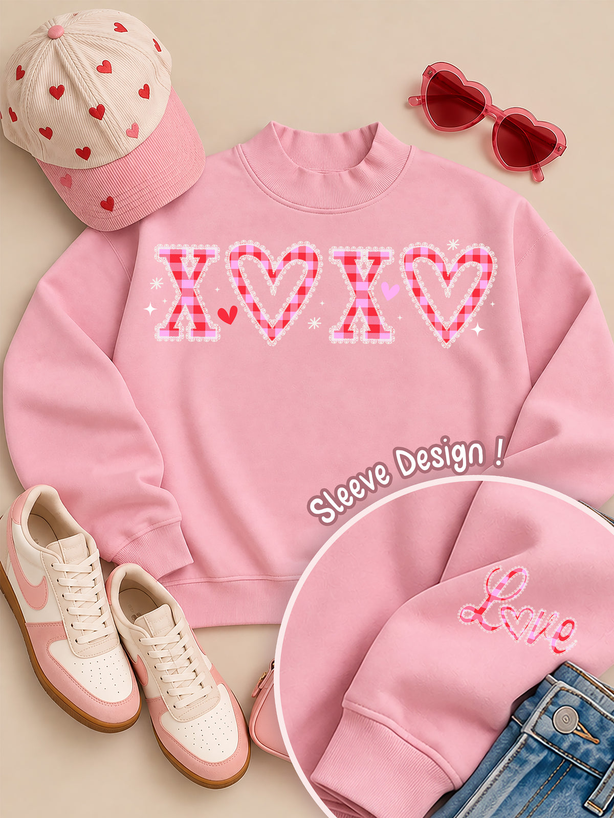 XOXO Gingham Lace Valentine's Day Graphic Mock Neck Sweatshirt