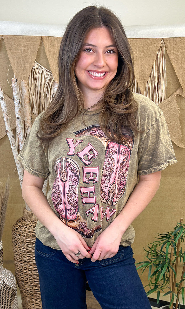 Yee Haw Cowboy Boots Mineral Washed Graphic T-Shirt