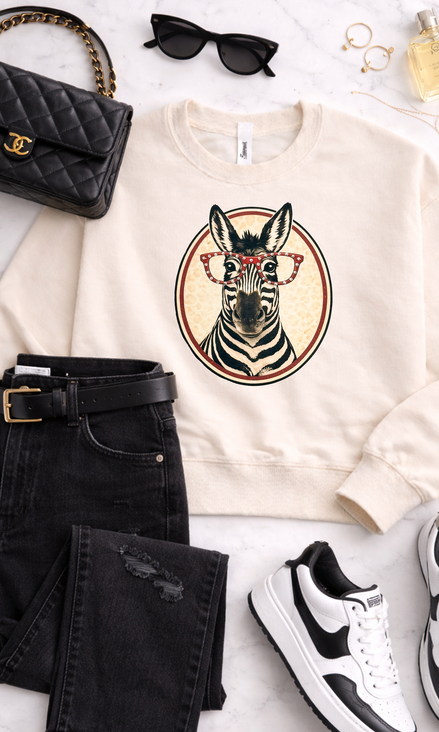 Zebra with Rhinestone Specs Graphic Sweatshirt