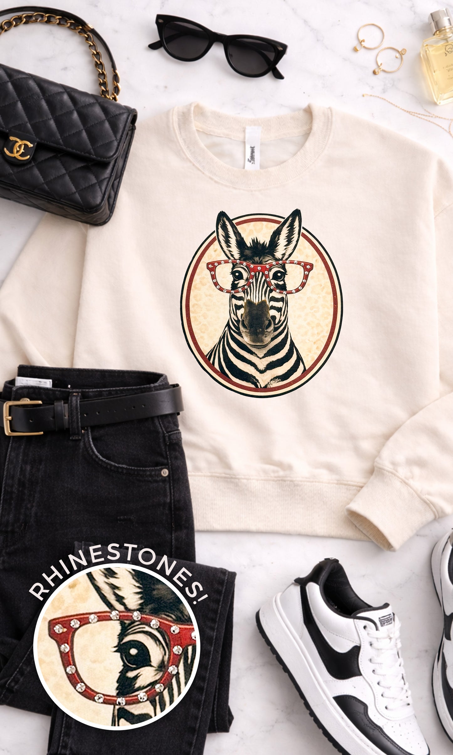 Zebra with Rhinestone Specs Graphic Sweatshirt