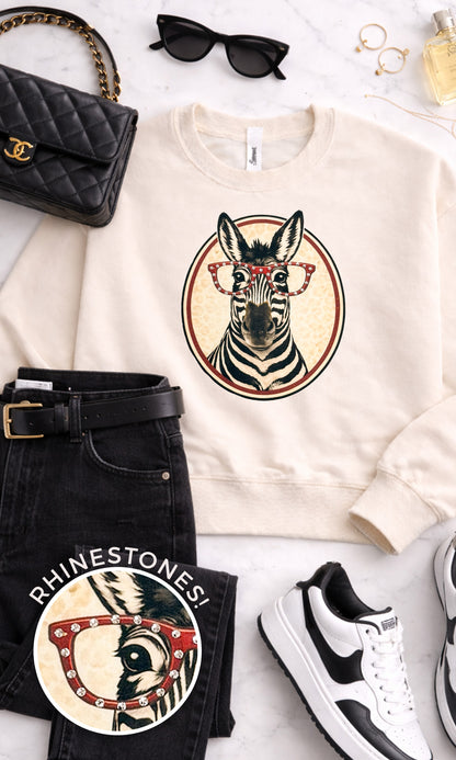 Zebra with Rhinestone Specs Graphic Sweatshirt