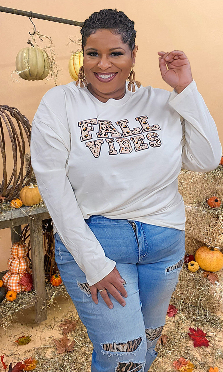 Leopard Ideal Chenille Fall Vibes Graphic Boyfriend Long Sleeve T-Shirt