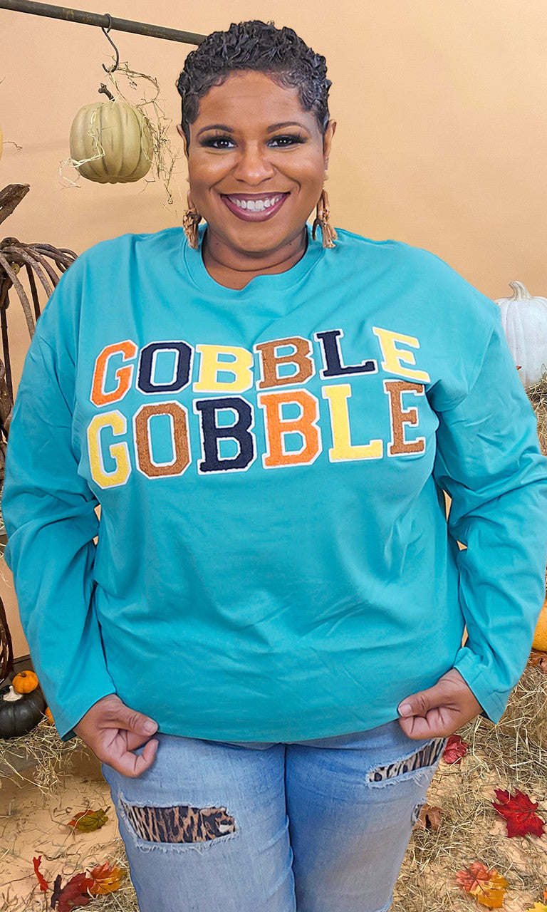 Soft Chenille Gobble Gobble Graphic Boyfriend Long Sleeve T-Shirt