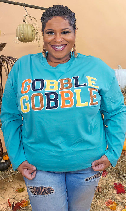 Soft Chenille Gobble Gobble Graphic Boyfriend Long Sleeve T-Shirt