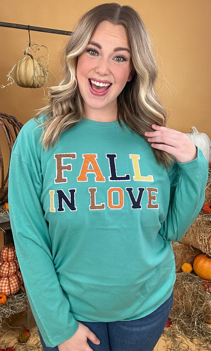 Soft Chenille Fall in Love Graphic Boyfriend Long Sleeve T-Shirt