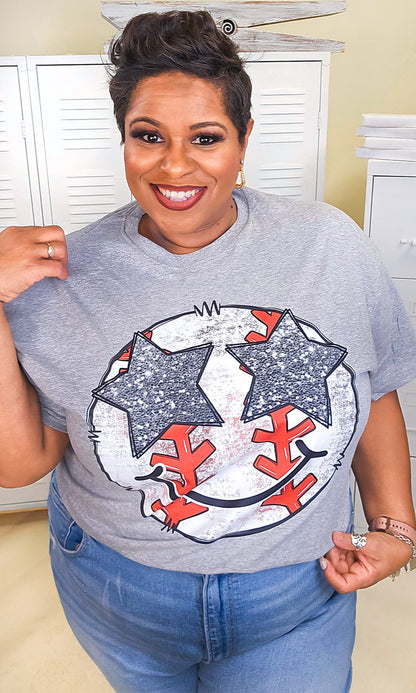 Baseball Star Smiley Graphic T-Shirt