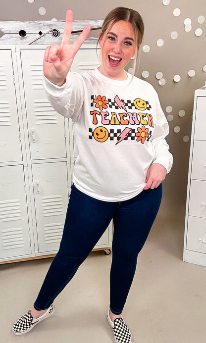 Groovy Checkerboard Teacher Graphic Long Sleeve
